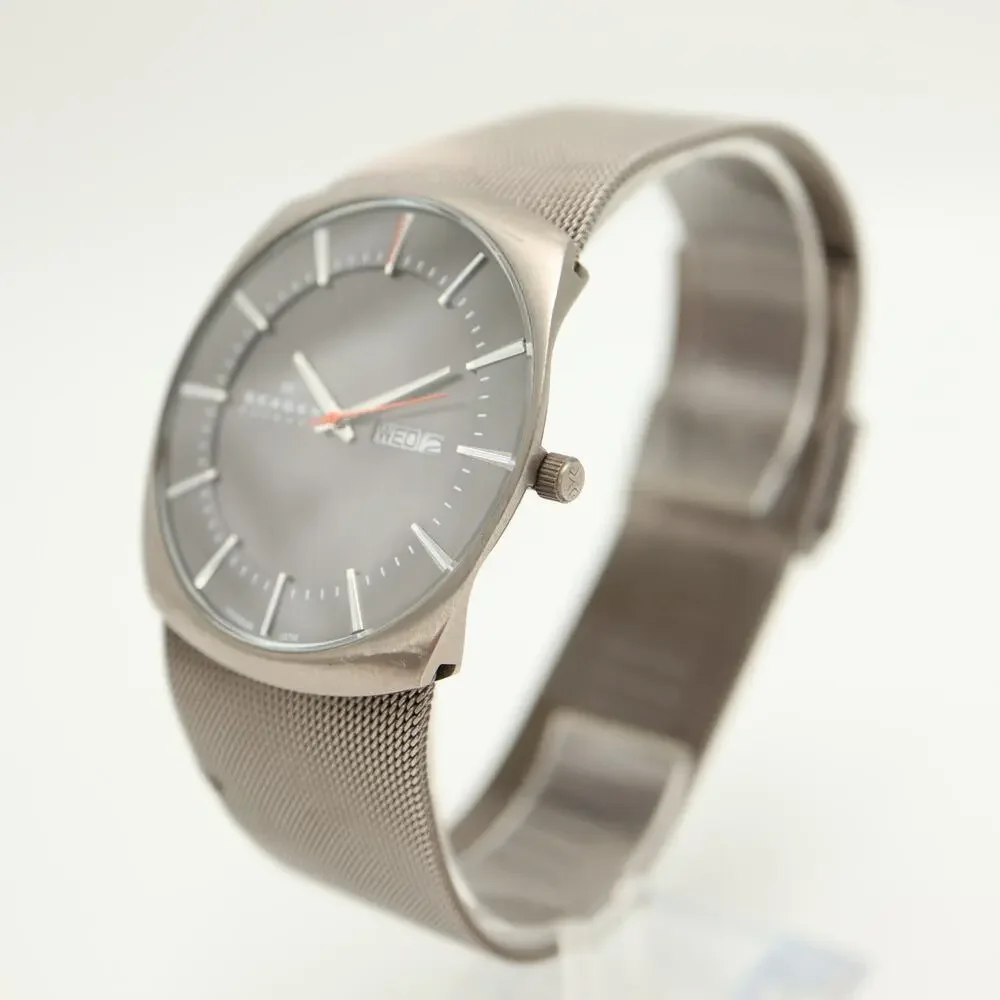 Skagen Denmark Mens 40mm Titanium Day Date Watch Mesh Bracelet w New Battery